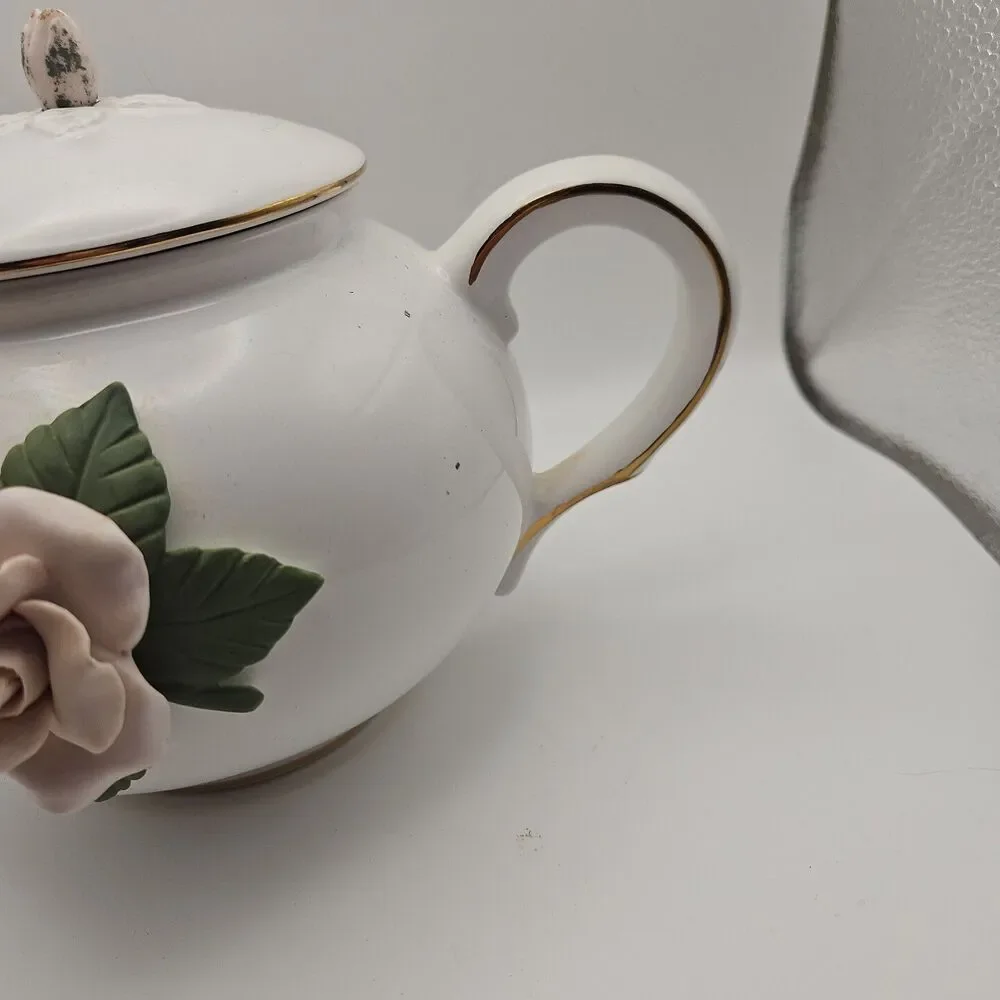 Teleflora Vintage Porcelain Teapot 3D Pink Roses Gold Trim 6.5